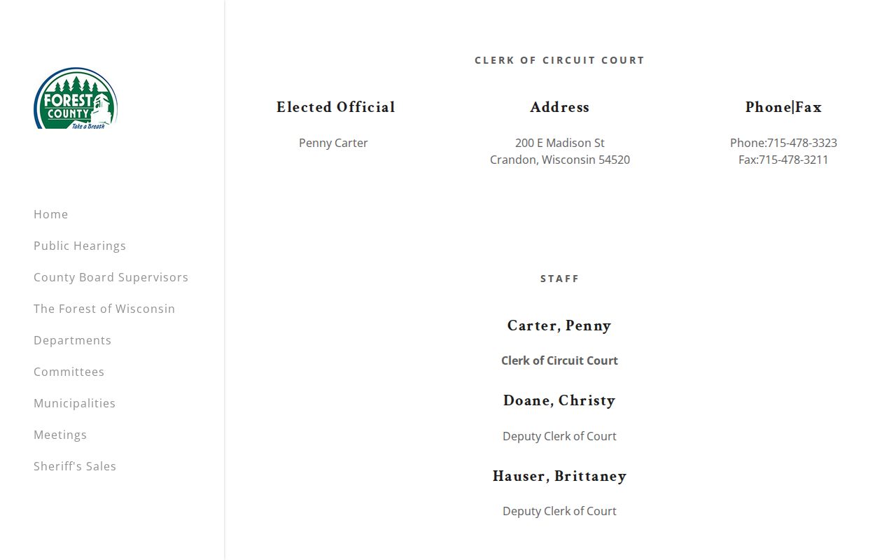 Forest County civil docket clerk contact information